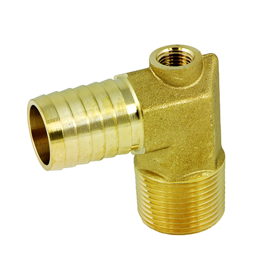 1" MPT Brass Elbow X 1" Brass Hose Barb w 1/4" Port